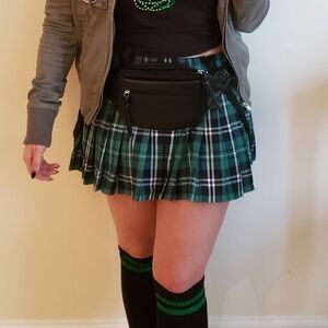 Royal Bones Pleated Plaid Suspender Skirt